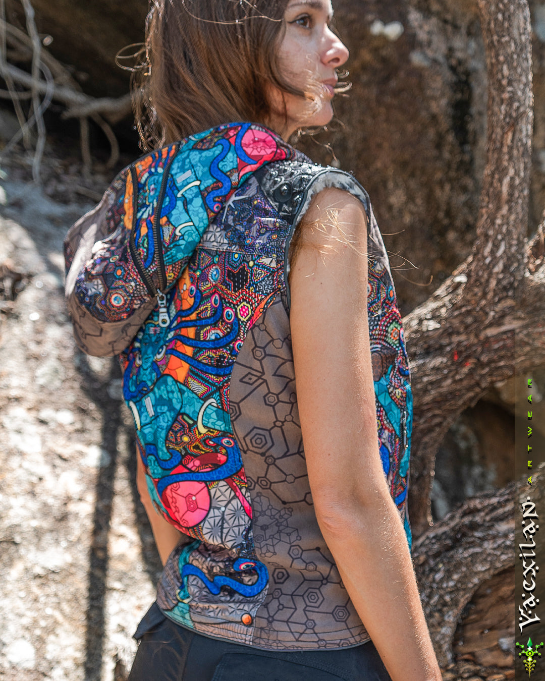 Sleeveless Jacket Woman / Satin Fake Leather Fur - NATARAJA Sand SHAMANKA