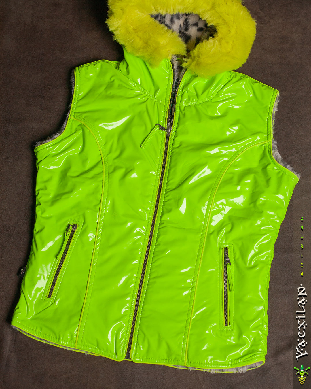 Hooded Sleeveless Jacket Woman / PU Latex and Ultrapolar White Leopard - Flouro GREEN ALIEN