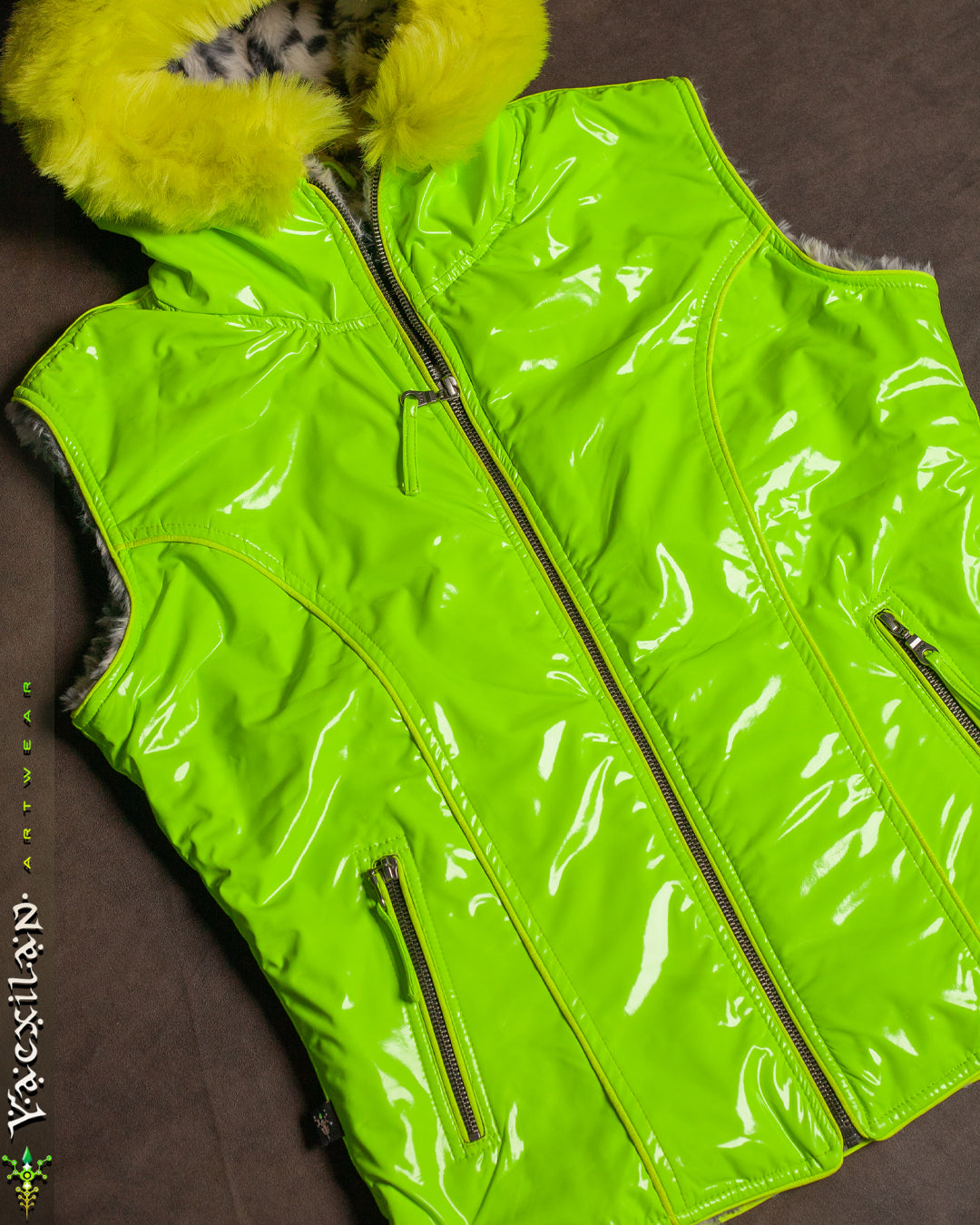 Hooded Sleeveless Jacket Woman / PU Latex and Ultrapolar White Leopard - Flouro GREEN ALIEN