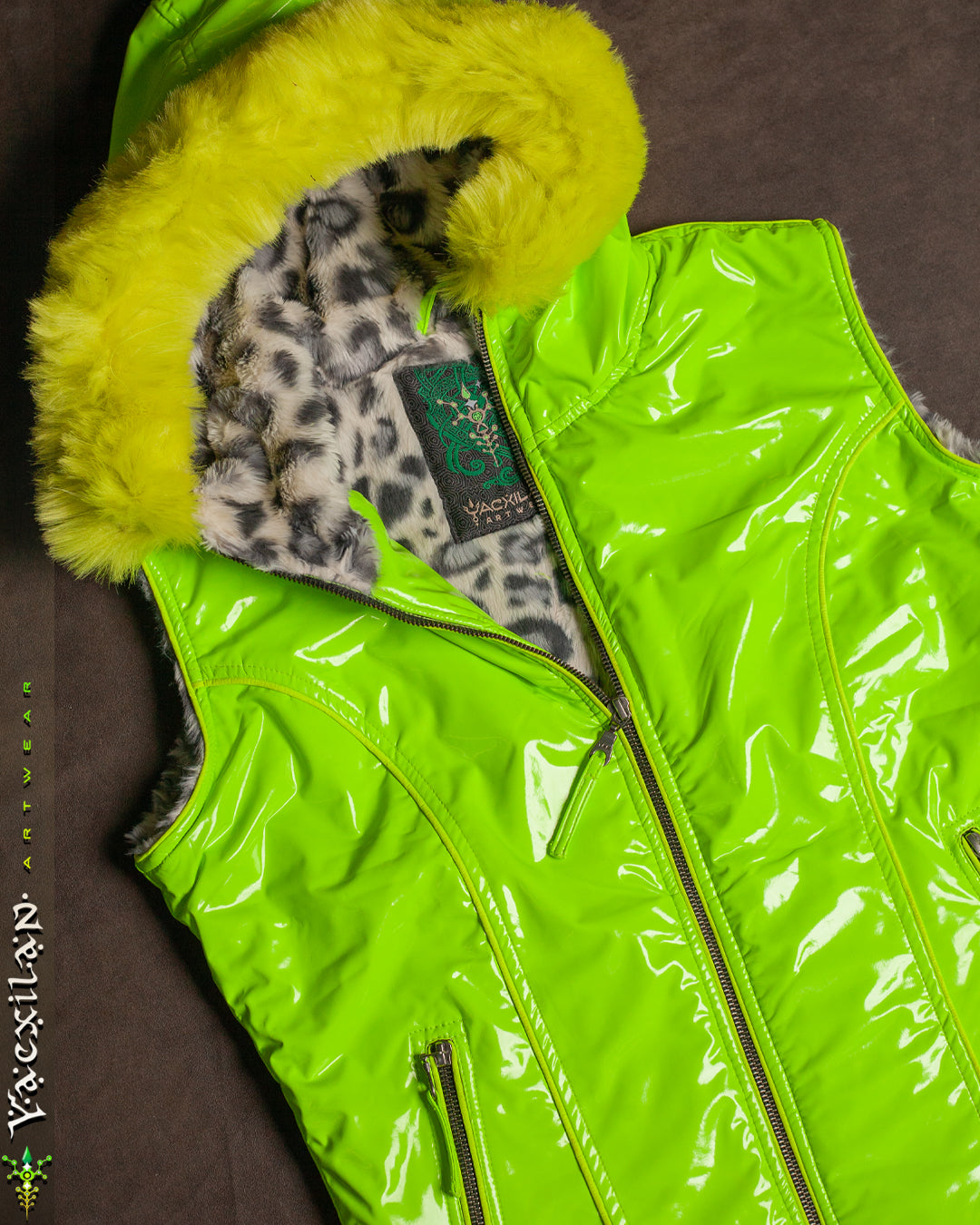 Hooded Sleeveless Jacket Woman / PU Latex and Ultrapolar White Leopard - Flouro GREEN ALIEN