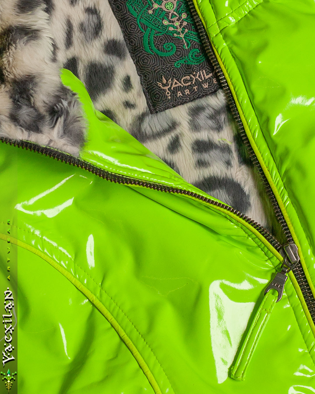 Hooded Sleeveless Jacket Woman / PU Latex and Ultrapolar White Leopard - Flouro GREEN ALIEN