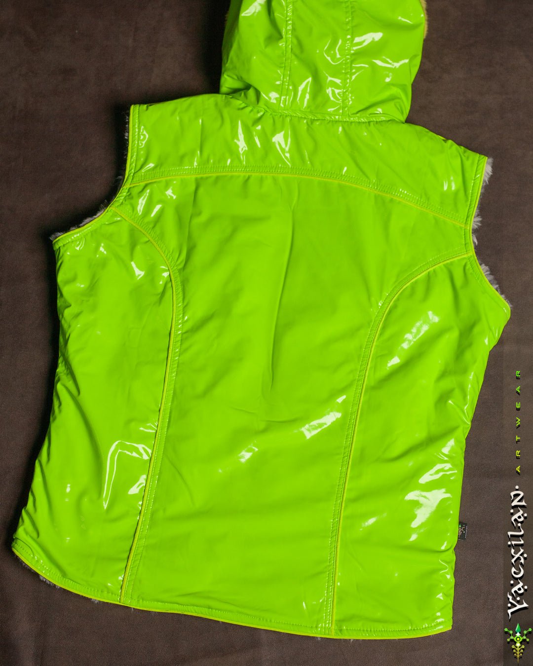 Hooded Sleeveless Jacket Woman / PU Latex and Ultrapolar White Leopard - Flouro GREEN ALIEN