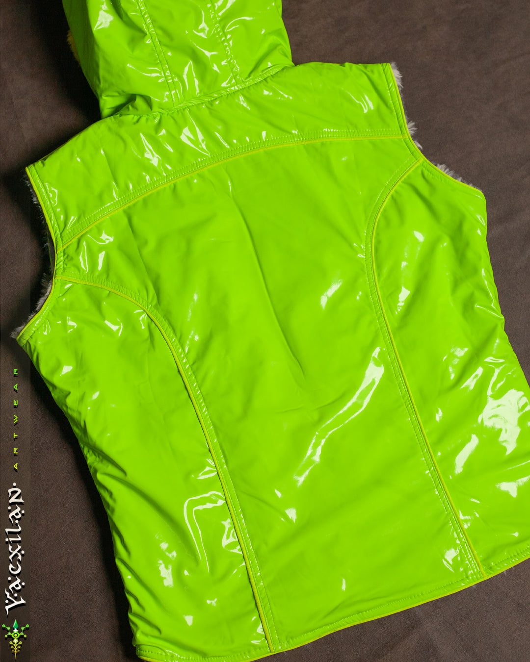 Hooded Sleeveless Jacket Woman / PU Latex and Ultrapolar White Leopard - Flouro GREEN ALIEN