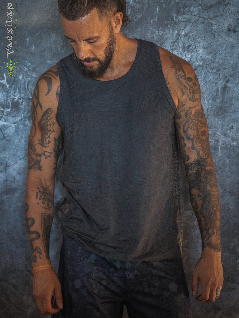 A-Tank Men / Organic Bamboo Jersey Veg Dye Veg Print - Charcoal POPPYFIELDS