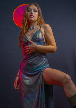 Long Bomb Dress / Holographic Rainbow Dots Flatrib - Mycelium