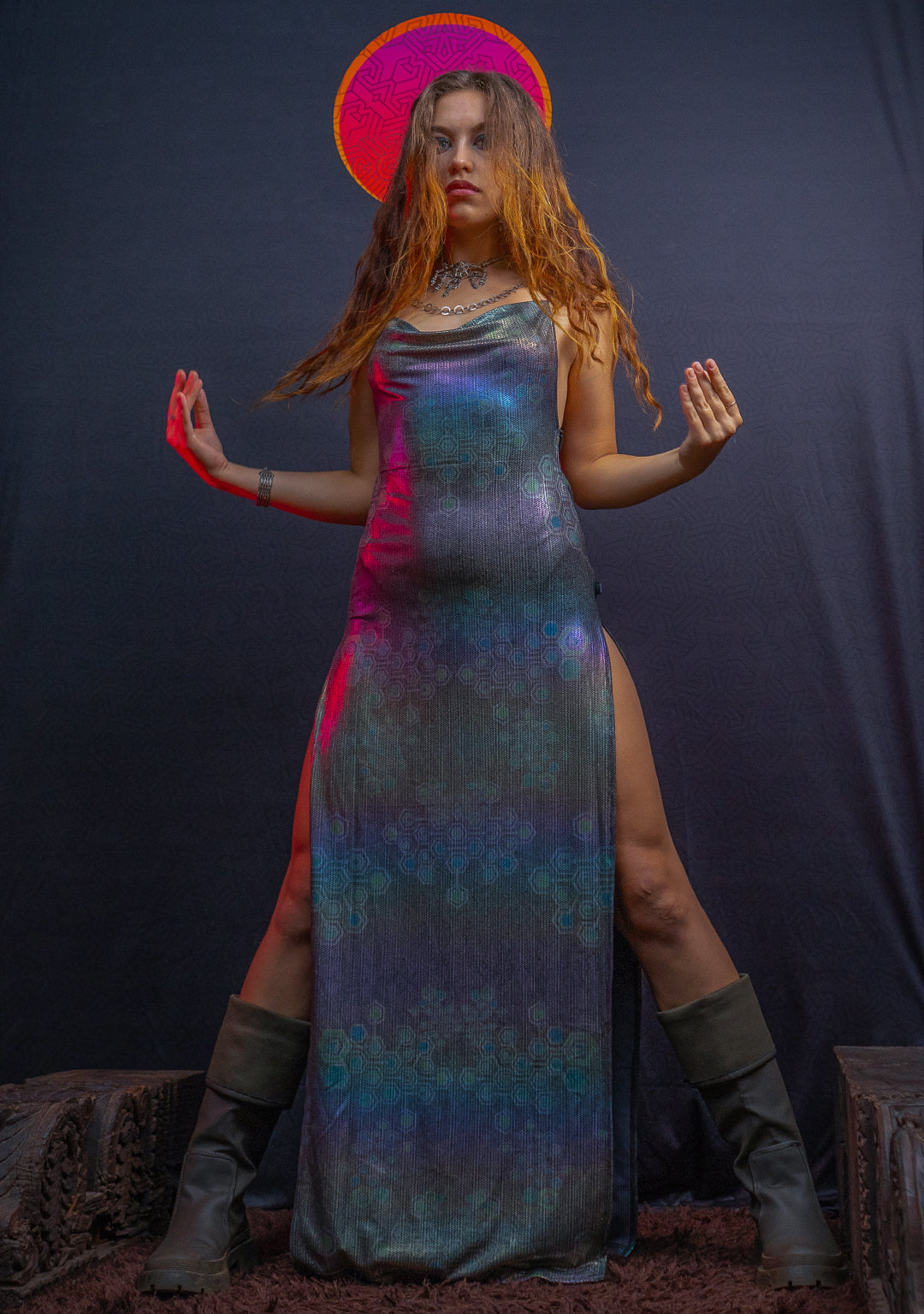 Long Bomb Dress / Holographic Rainbow Dots Flatrib - Mycelium