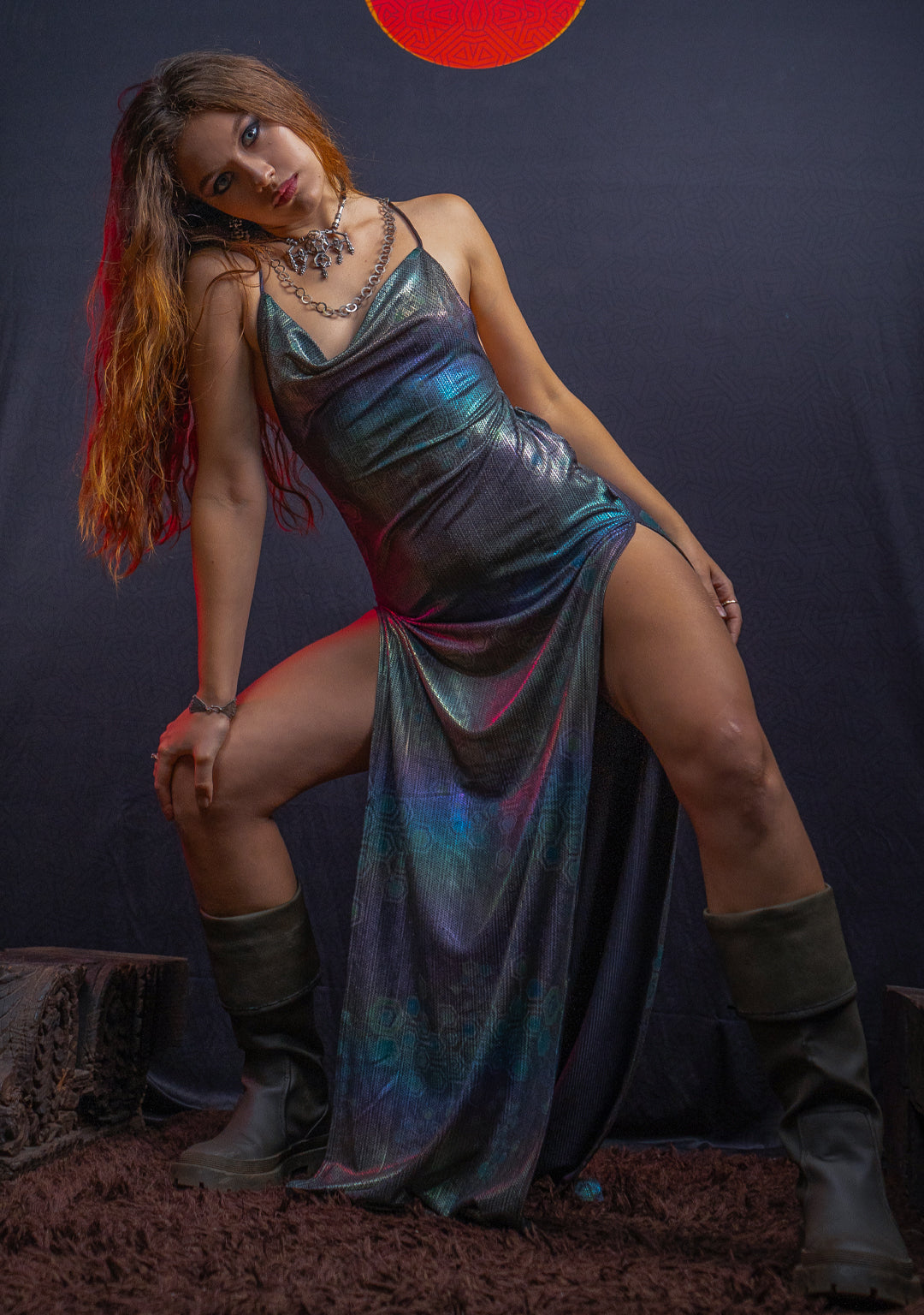 Long Bomb Dress / Holographic Rainbow Dots Flatrib - Mycelium