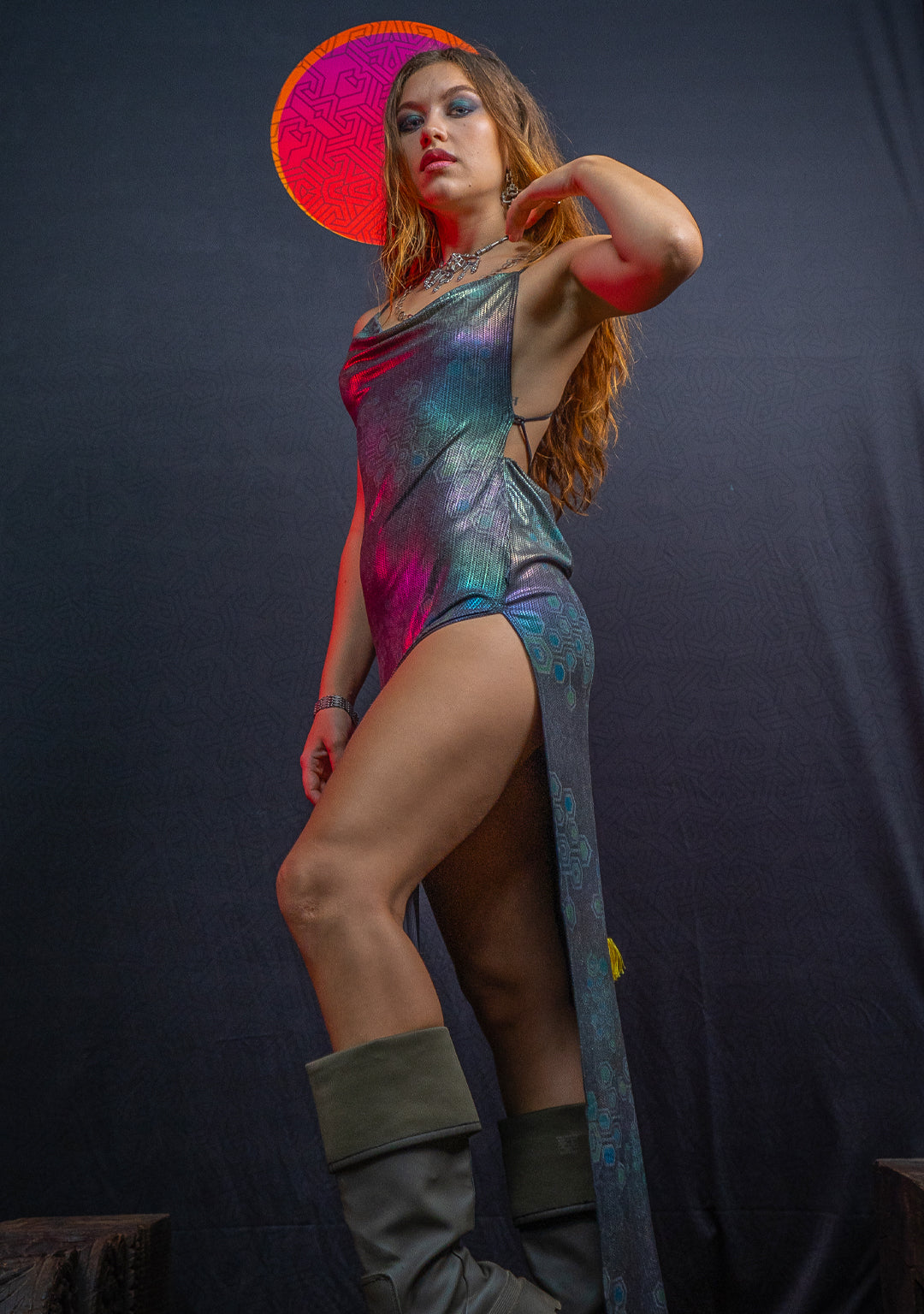 Long Bomb Dress / Holographic Rainbow Dots Flatrib - Mycelium