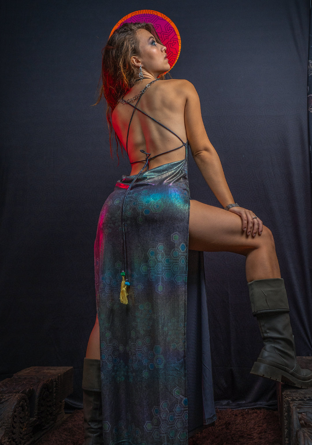 Long Bomb Dress / Holographic Rainbow Dots Flatrib - Mycelium