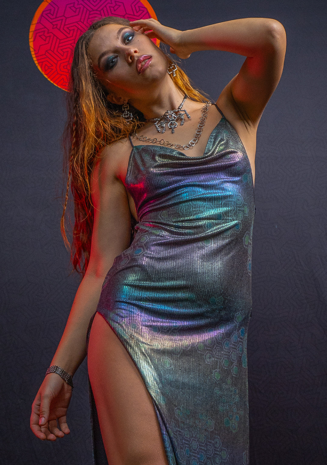 Long Bomb Dress / Holographic Rainbow Dots Flatrib - Mycelium