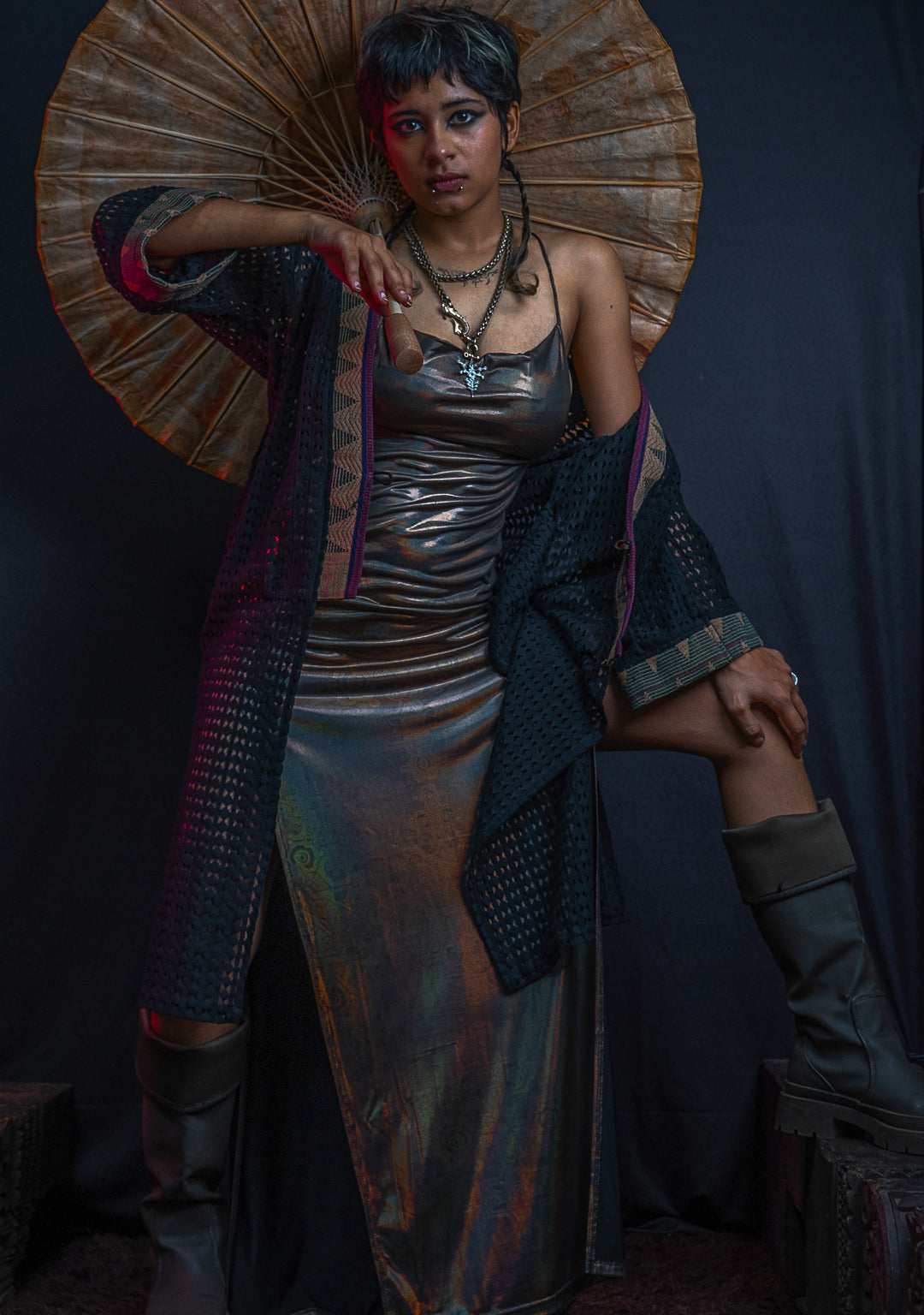 Long Bomb Dress / Holographic Licra - Gold DEMETRIO