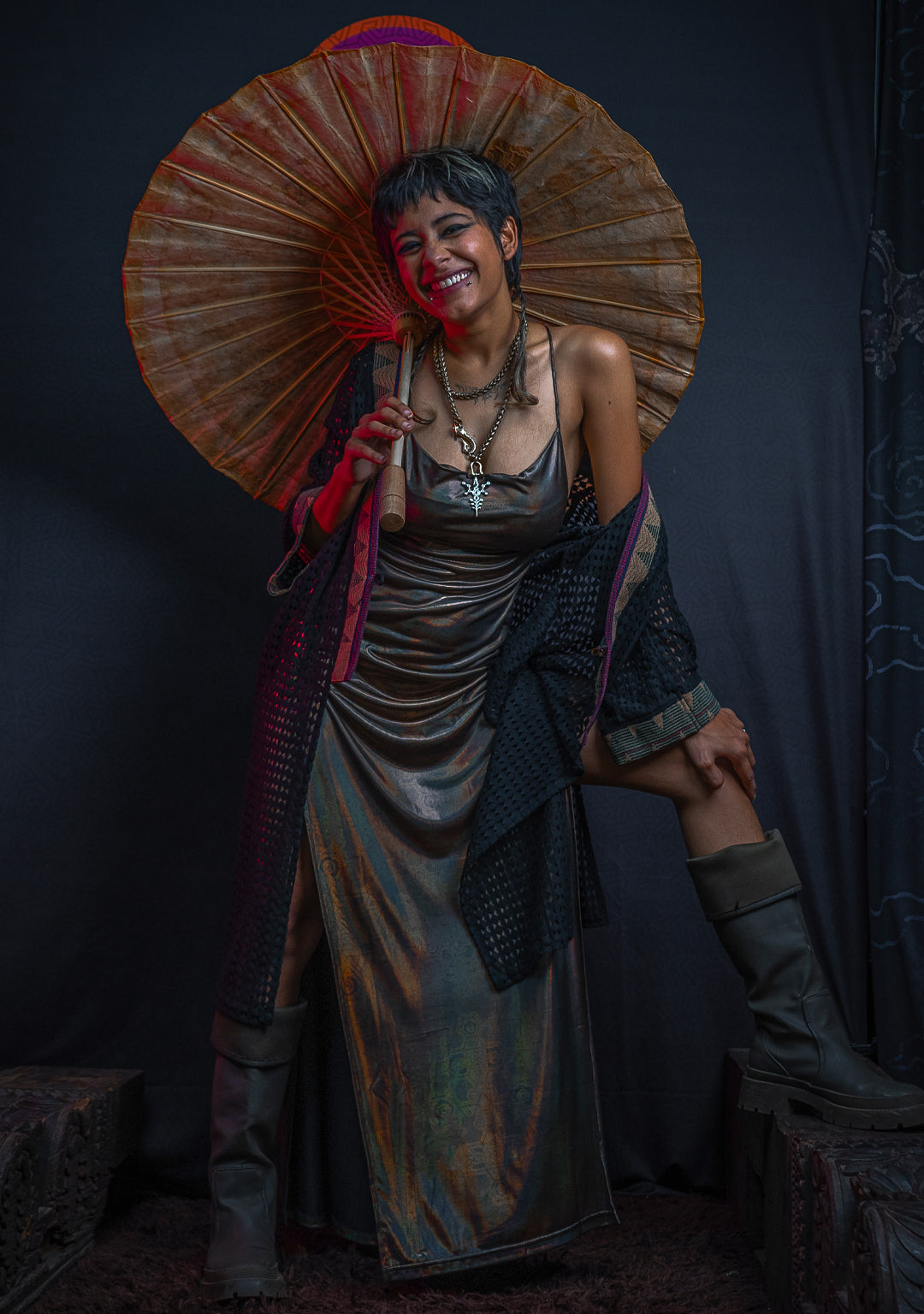 Long Bomb Dress / Holographic Licra - Gold DEMETRIO