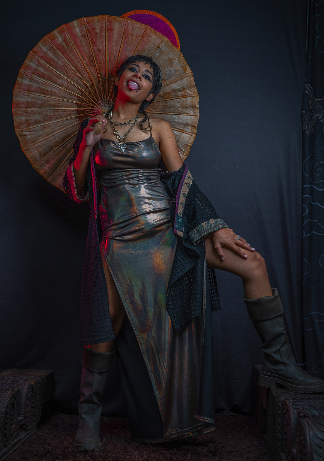 Long Bomb Dress / Holographic Licra - Gold DEMETRIO