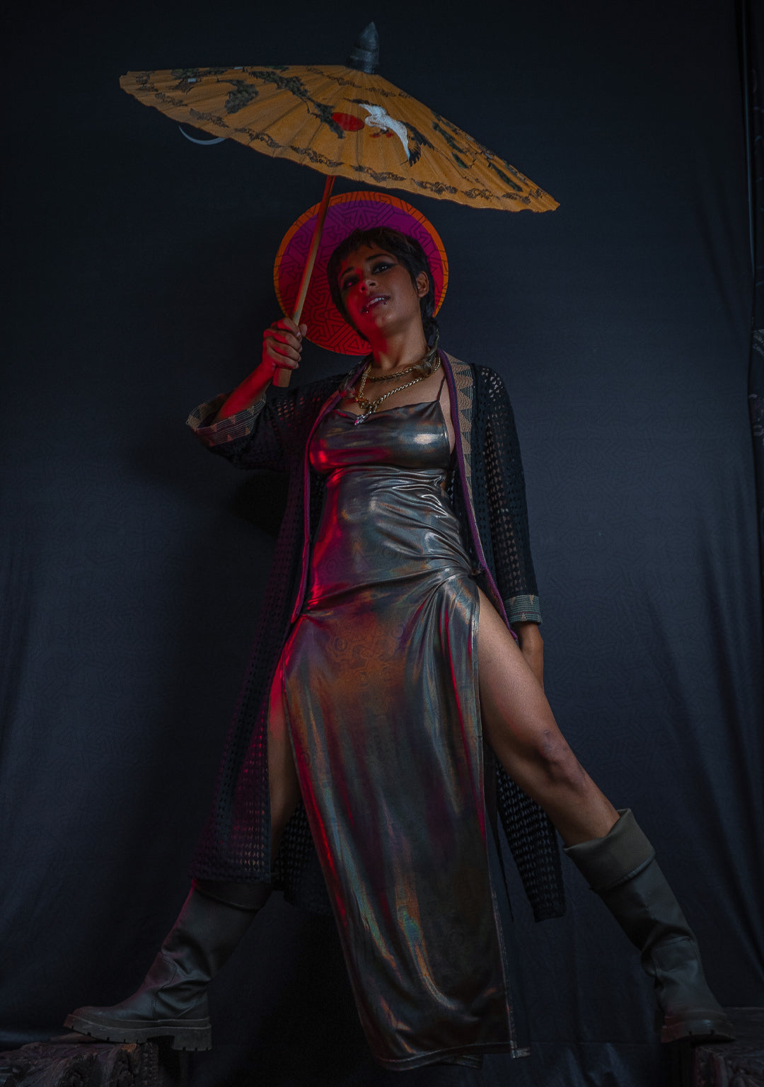 Long Bomb Dress / Holographic Licra - Gold DEMETRIO