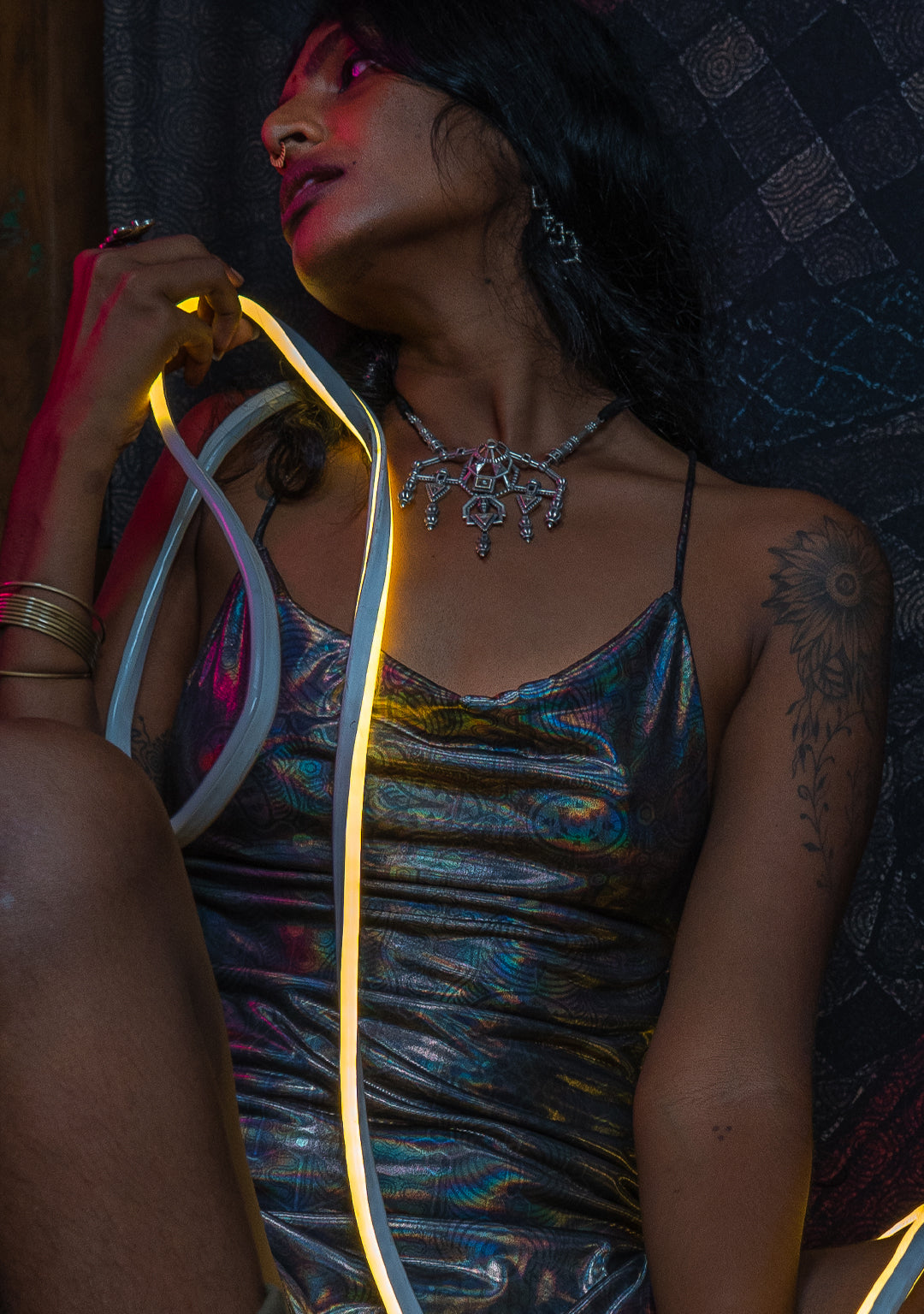 Long Bomb Dress / Holographic Licra - Silver PSYCHEDELIKA GALACTIKA