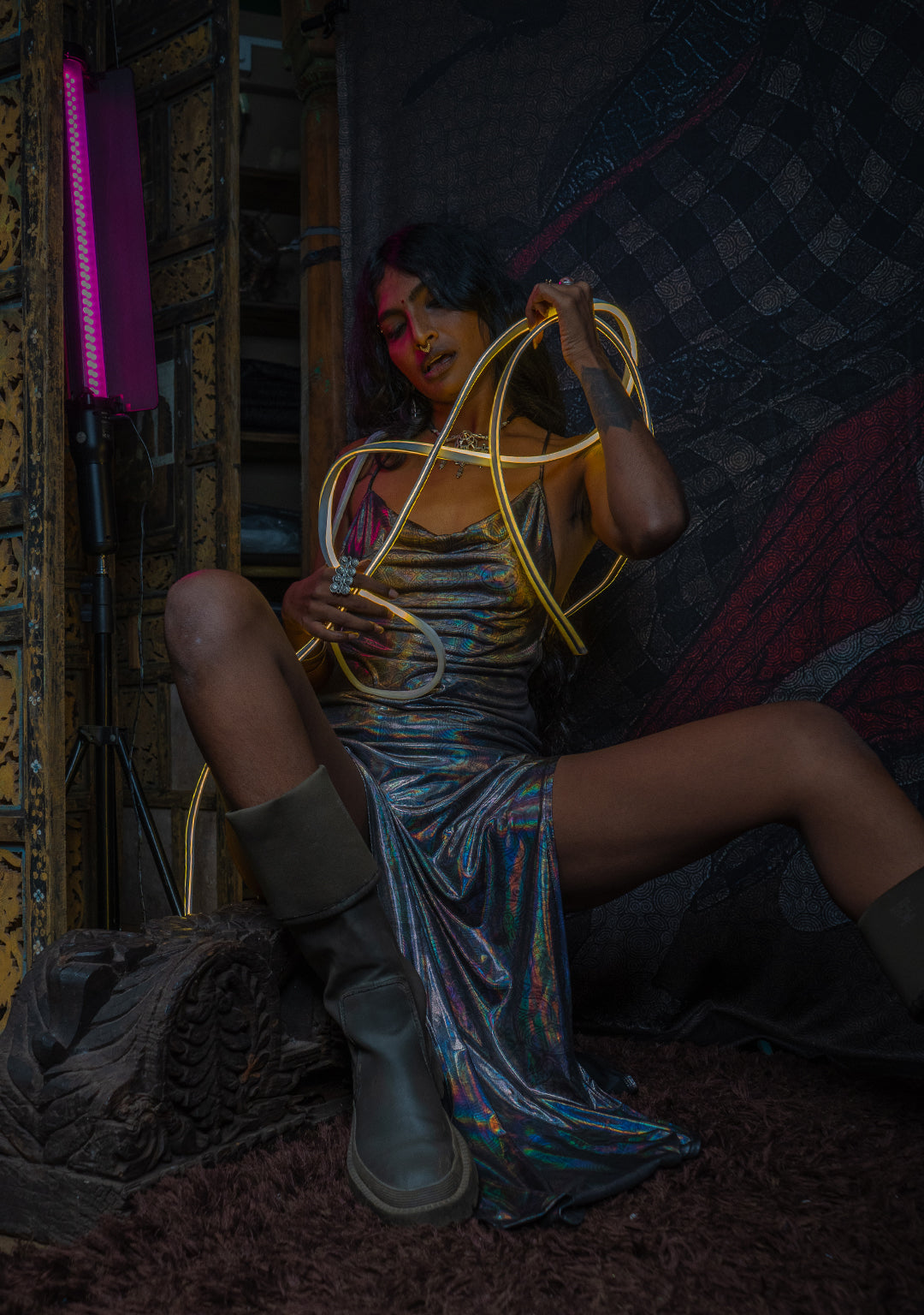 Long Bomb Dress / Holographic Licra - Silver PSYCHEDELIKA GALACTIKA