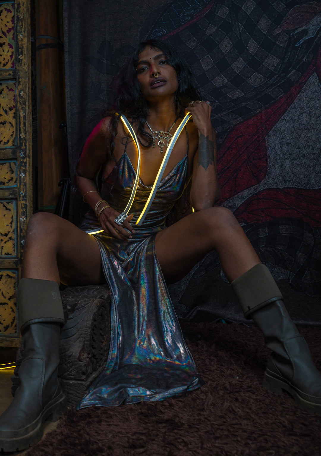 Long Bomb Dress / Holographic Licra - Silver PSYCHEDELIKA GALACTIKA