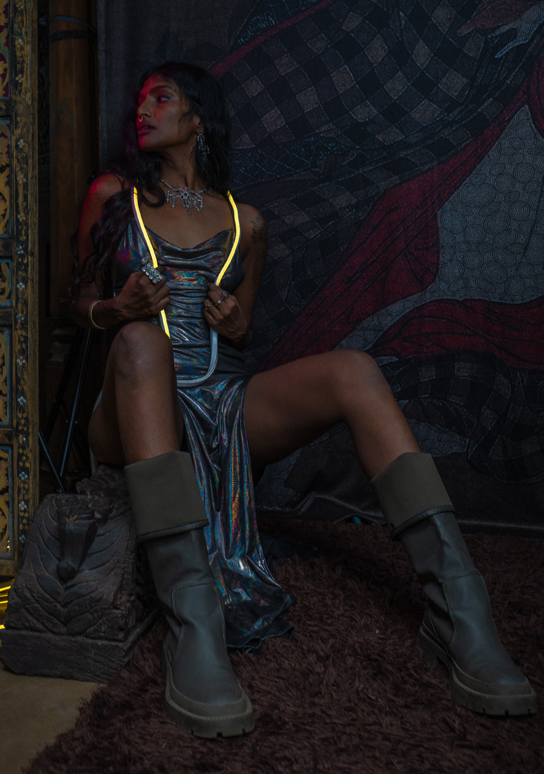 Long Bomb Dress / Holographic Licra - Silver PSYCHEDELIKA GALACTIKA