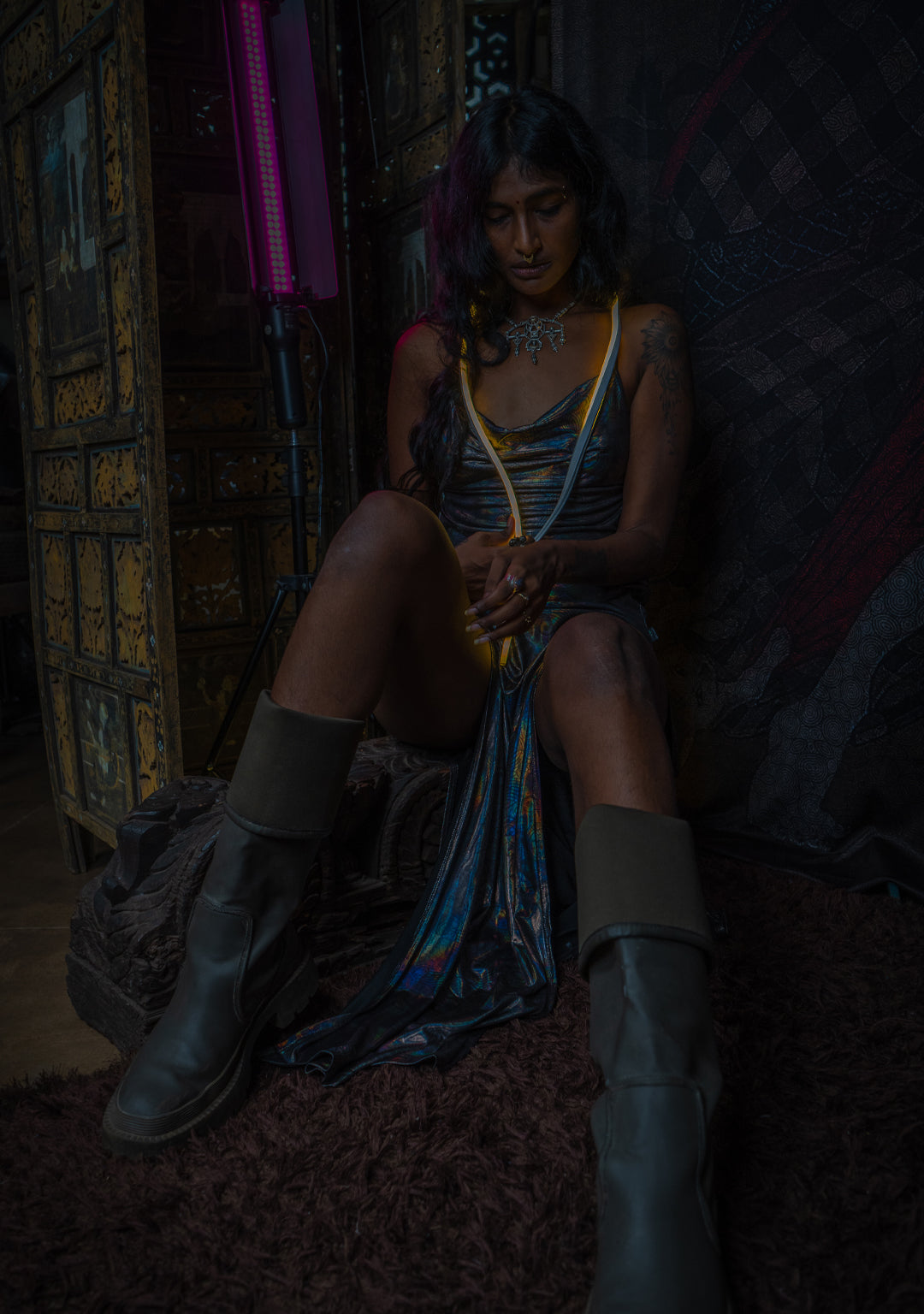 Long Bomb Dress / Holographic Licra - Silver PSYCHEDELIKA GALACTIKA