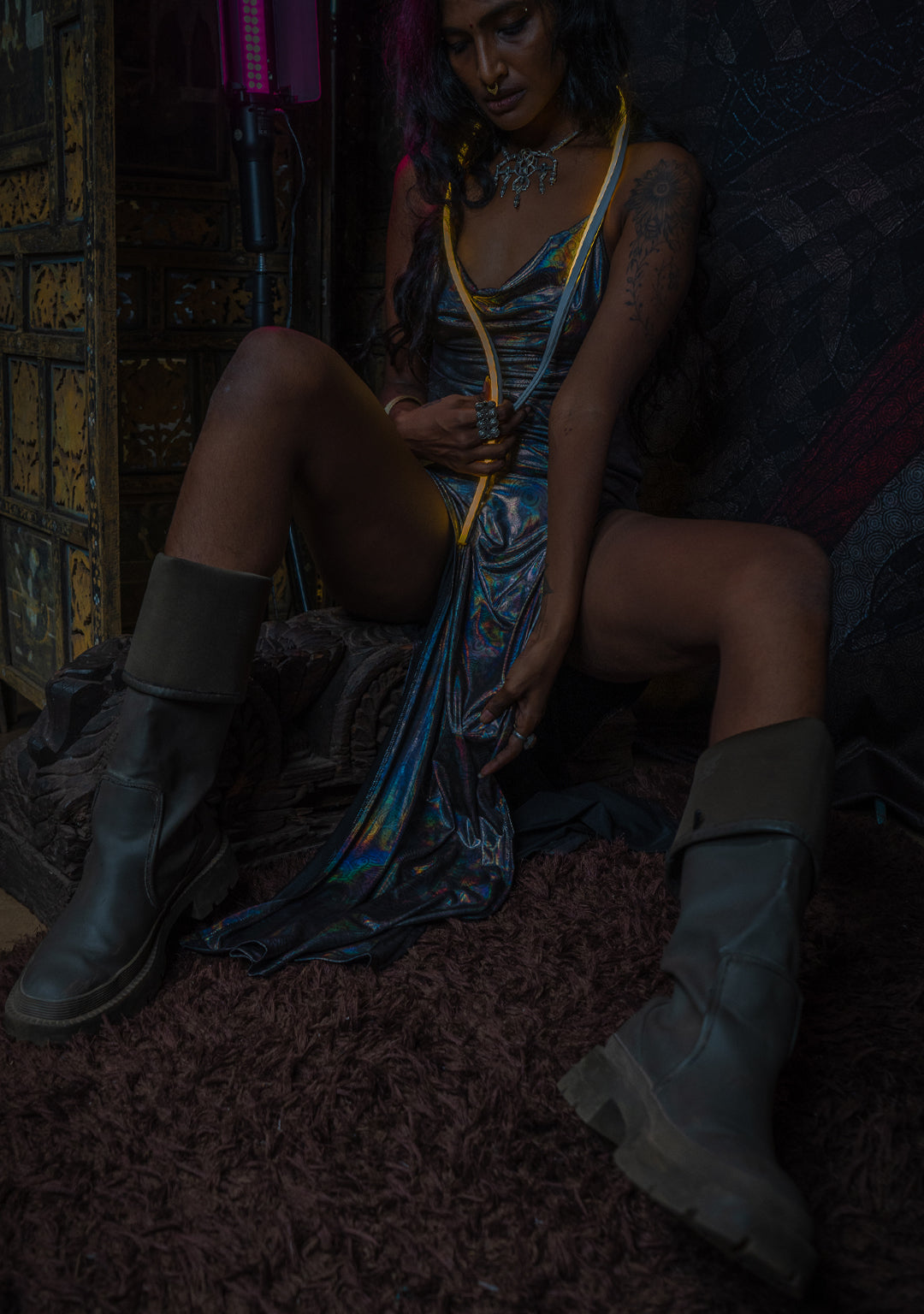 Long Bomb Dress / Holographic Licra - Silver PSYCHEDELIKA GALACTIKA