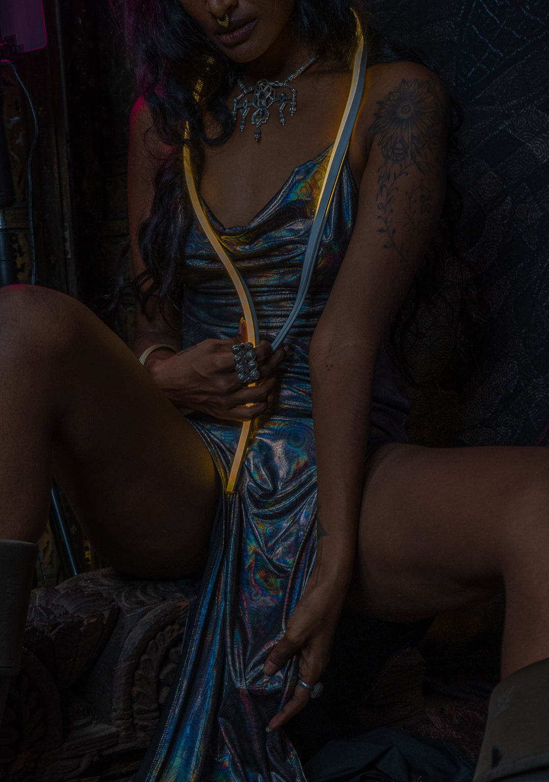 Long Bomb Dress / Holographic Licra - Silver PSYCHEDELIKA GALACTIKA
