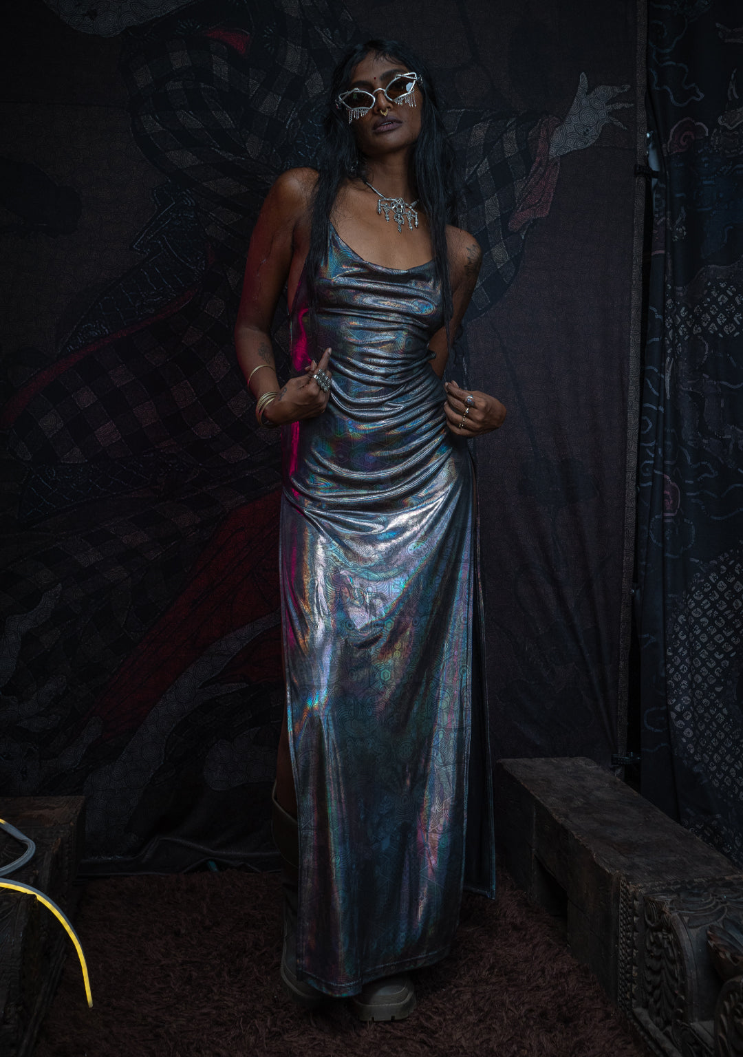 Long Bomb Dress / Holographic Licra - Silver PSYCHEDELIKA GALACTIKA