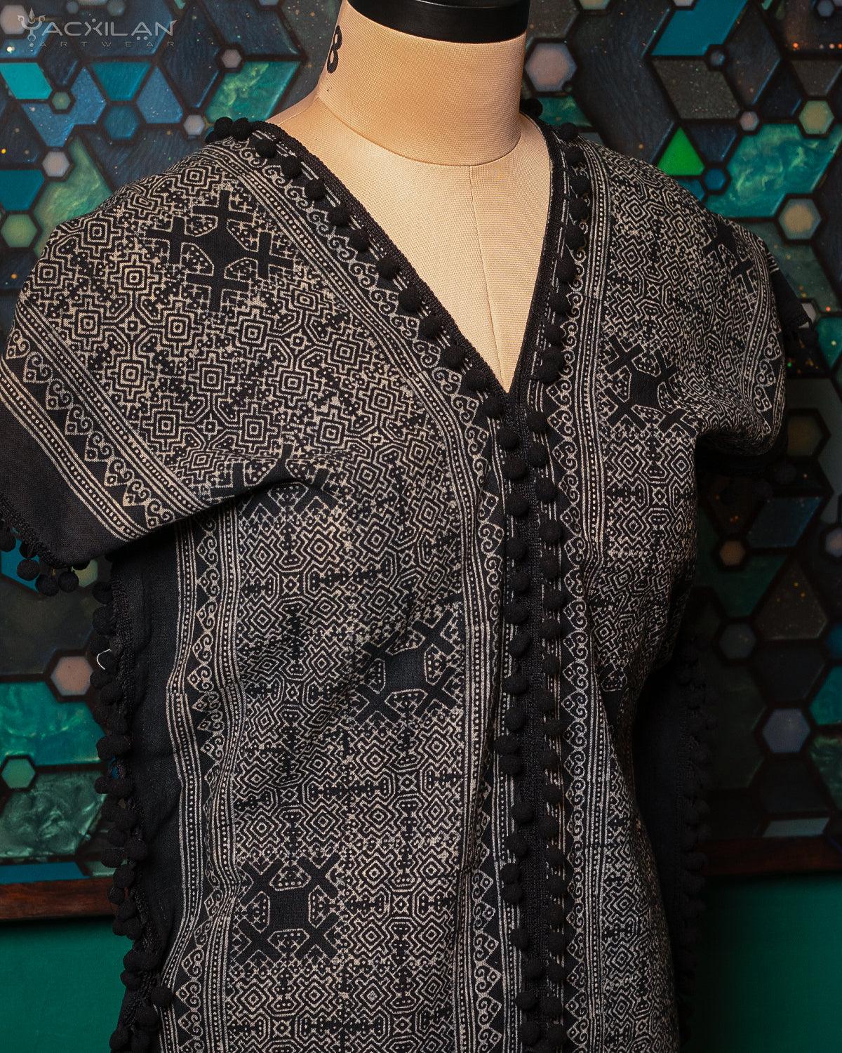 Caftan Woman / Cotton Handwoven Indigo Dye Batik -GOLDEN TRIANGLE - Yacxilan Artwear