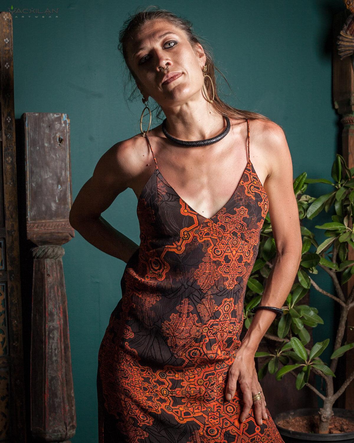 Chinese Silk Dress - Orange DEMETRIO - Yacxilan Artwear