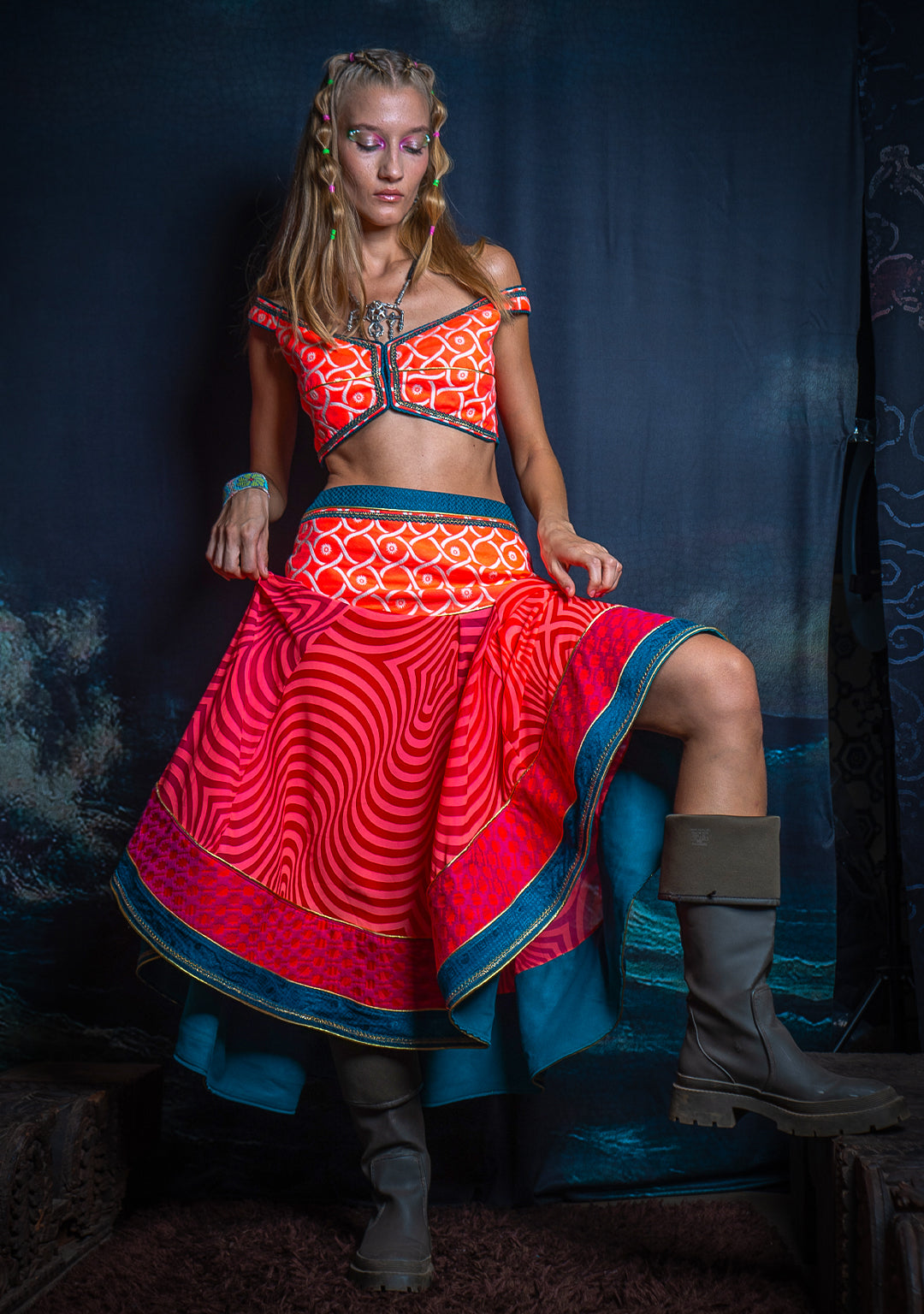 Choli and Skirt Combo  / Jaquard and Voile - PINKORANGE MADNESS