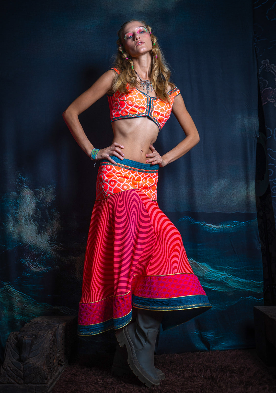 Choli and Skirt Combo  / Jaquard and Voile - PINKORANGE MADNESS