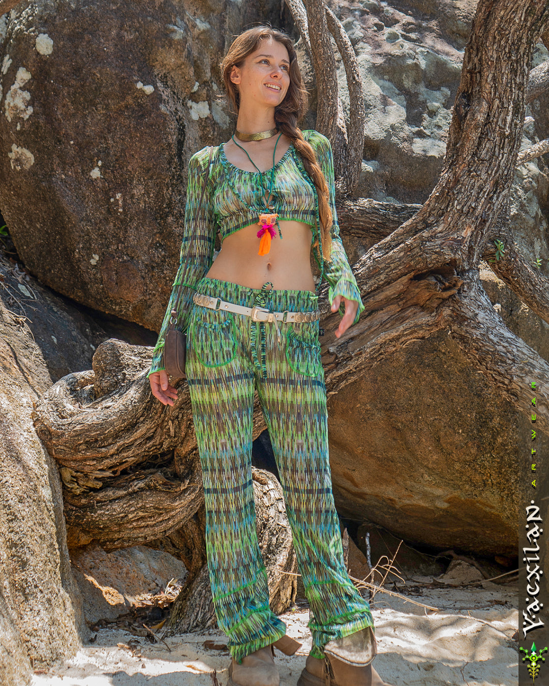 Woman Combo Boho Longsleeve Crop Top / Mesh - GREENISH