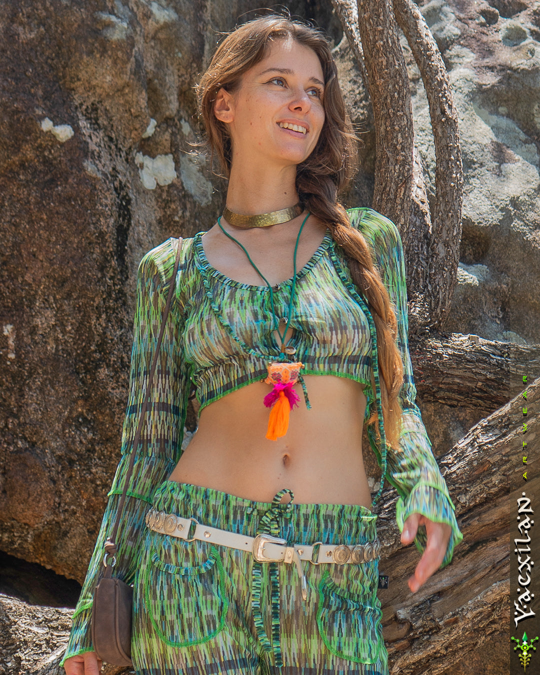 Woman Combo Boho Longsleeve Crop Top / Mesh - GREENISH