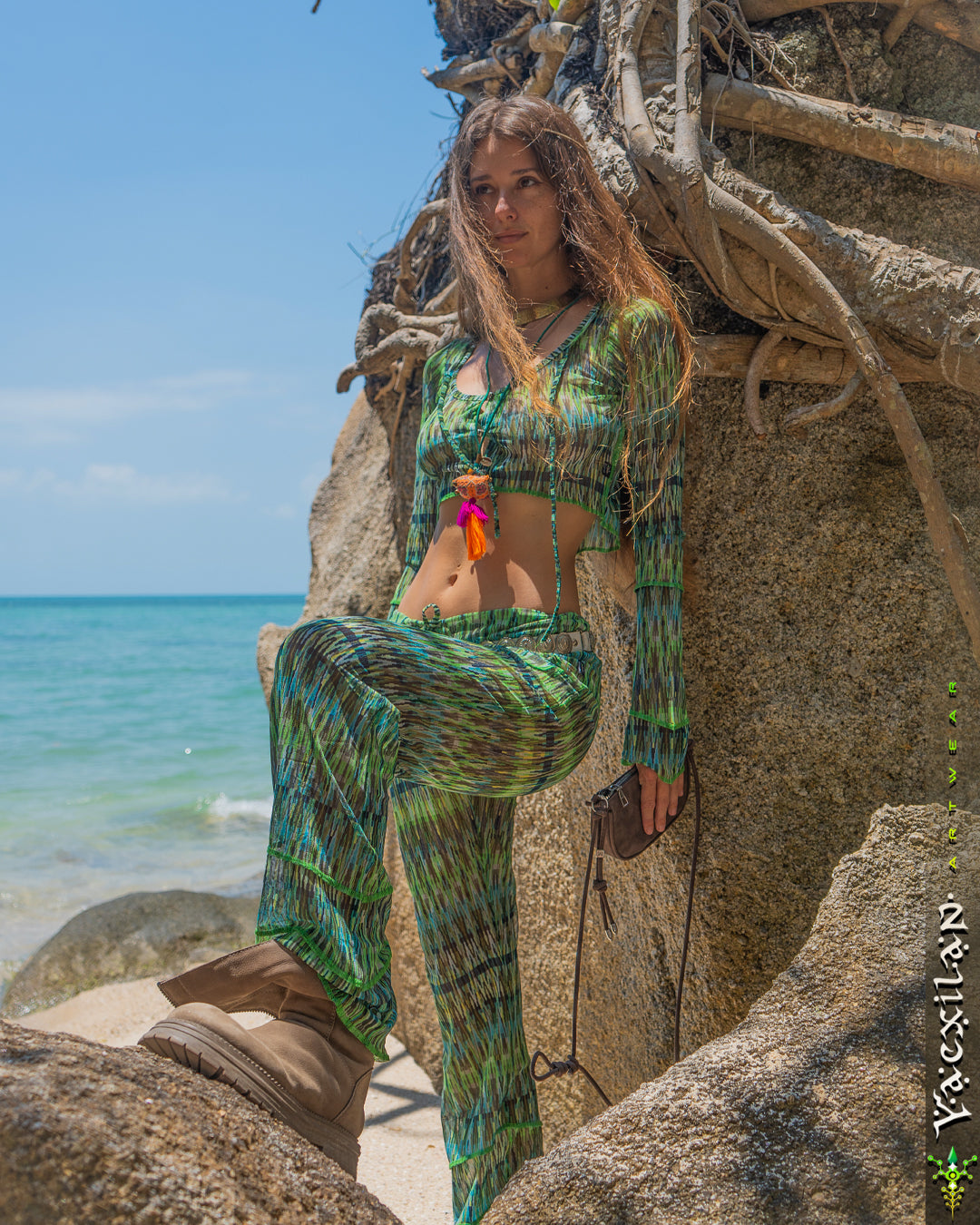 Woman Combo Boho Longsleeve Crop Top / Mesh - GREENISH