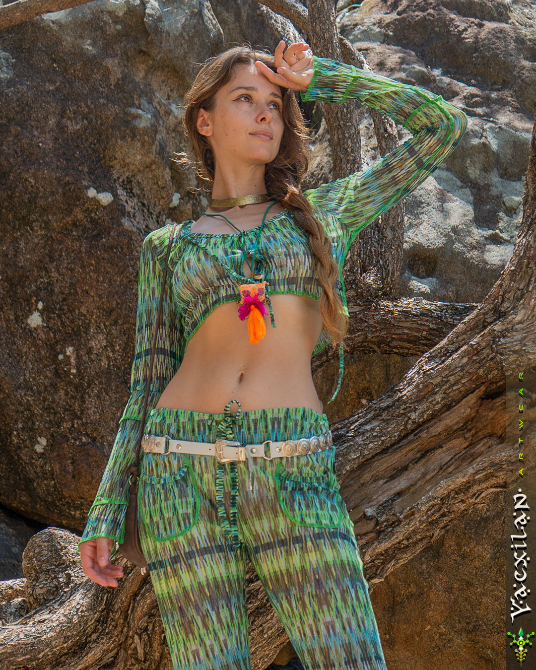 Woman Combo Boho Longsleeve Crop Top / Mesh - GREENISH