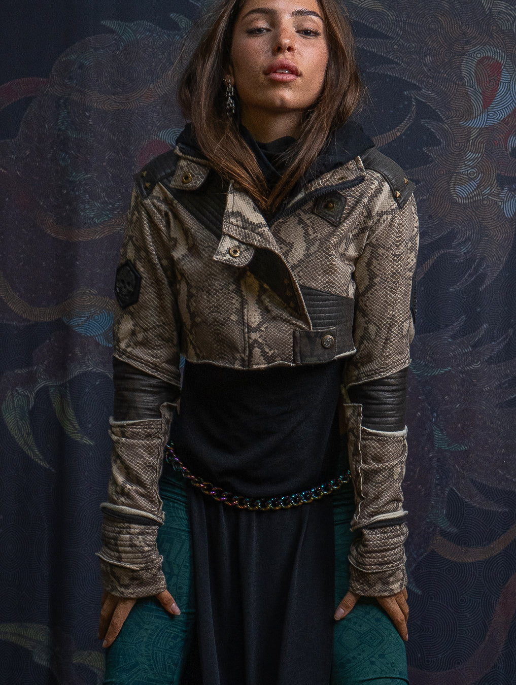 Crop Jacket Neotokyo Punk / Cotton Looper Fake Leather - KINGKOBRA