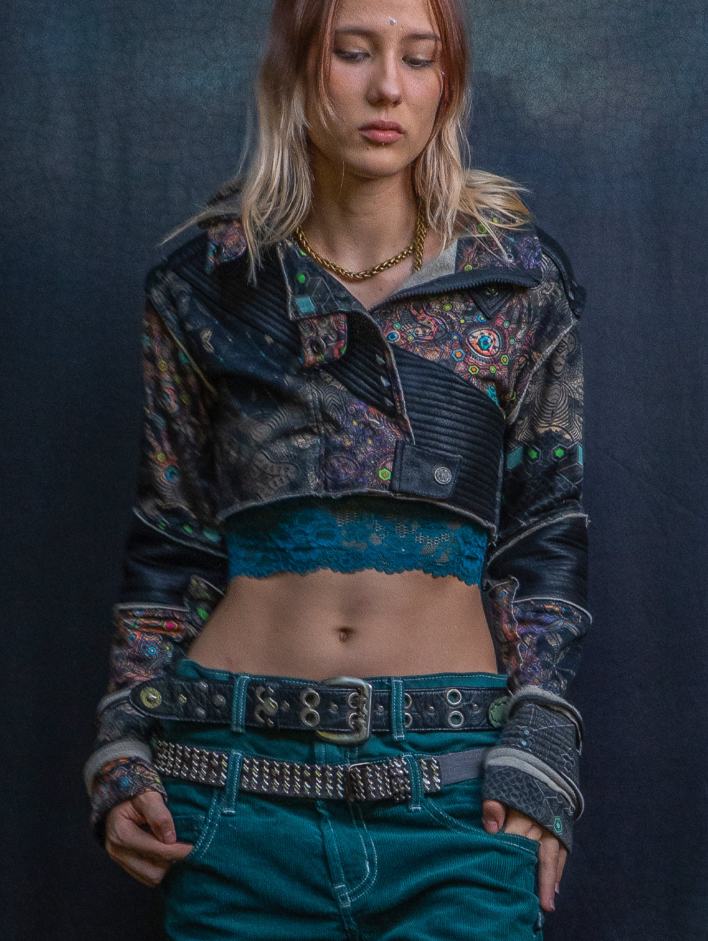 Crop Jacket Neotokyo Punk / Cotton Looper Fake Leather - PSYCHEDELIKA GALACTIKA