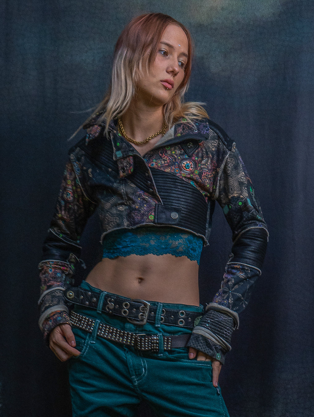Crop Jacket Neotokyo Punk / Cotton Looper Fake Leather - PSYCHEDELIKA GALACTIKA