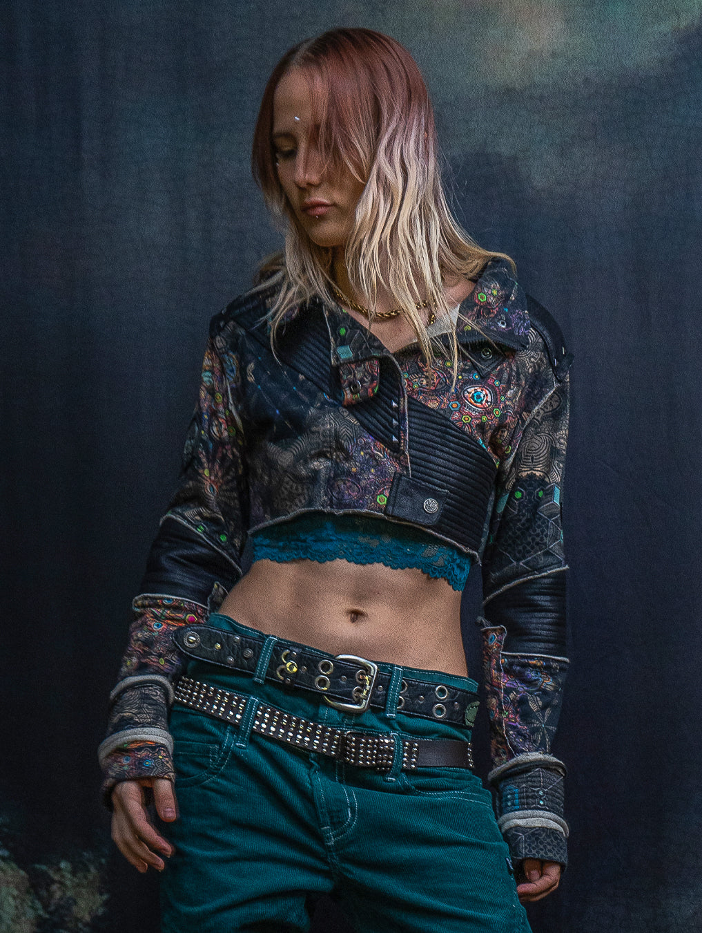 Crop Jacket Neotokyo Punk / Cotton Looper Fake Leather - PSYCHEDELIKA GALACTIKA