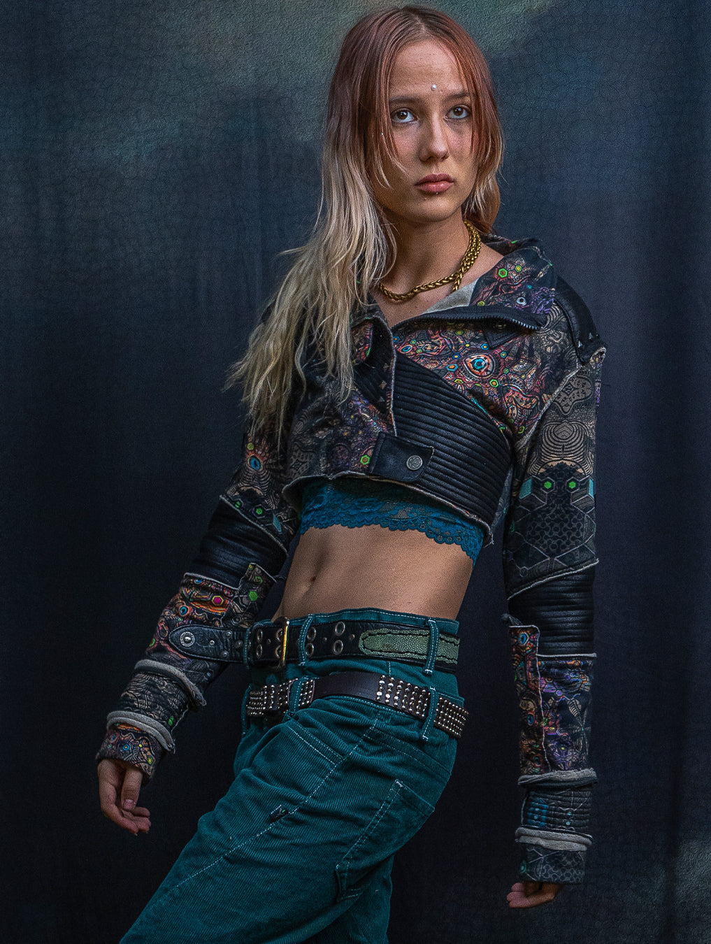 Crop Jacket Neotokyo Punk / Cotton Looper Fake Leather - PSYCHEDELIKA GALACTIKA