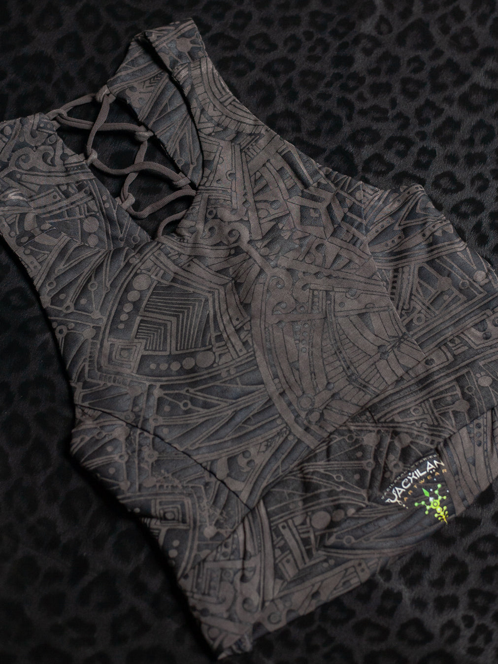 Crop Top ZigZag Drawstring / Bamboo Veg Dye Veg Print - CHARCOAL POPPYFIELDS