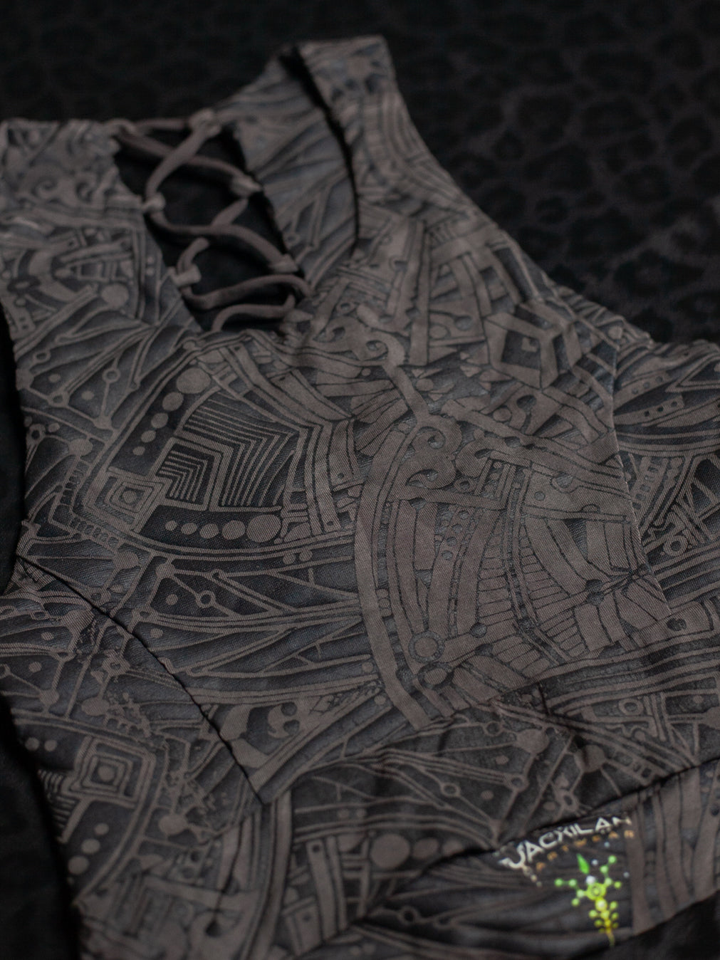 Crop Top ZigZag Drawstring / Bamboo Veg Dye Veg Print - CHARCOAL POPPYFIELDS