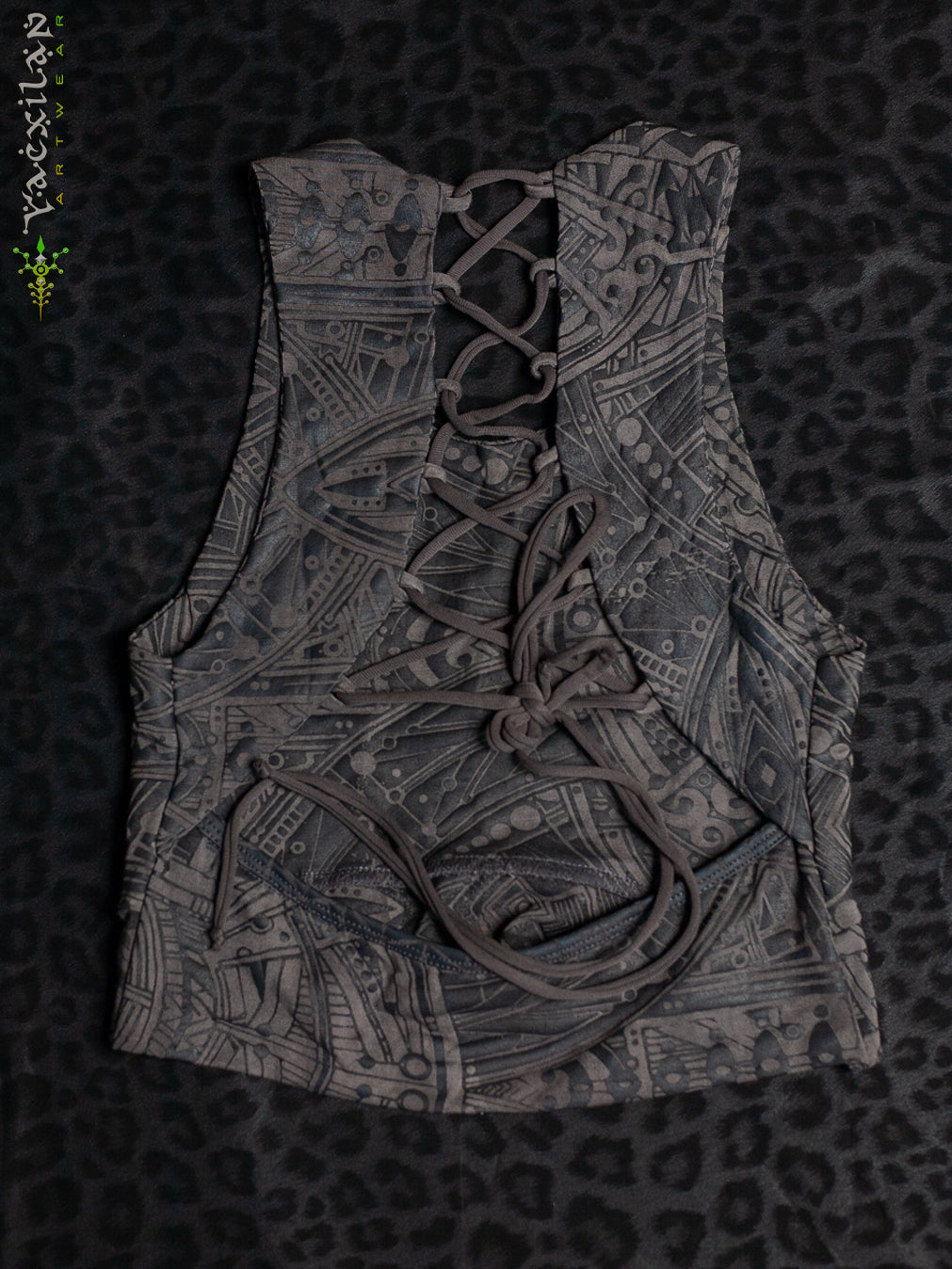 Crop Top ZigZag Drawstring / Bamboo Veg Dye Veg Print - CHARCOAL POPPYFIELDS