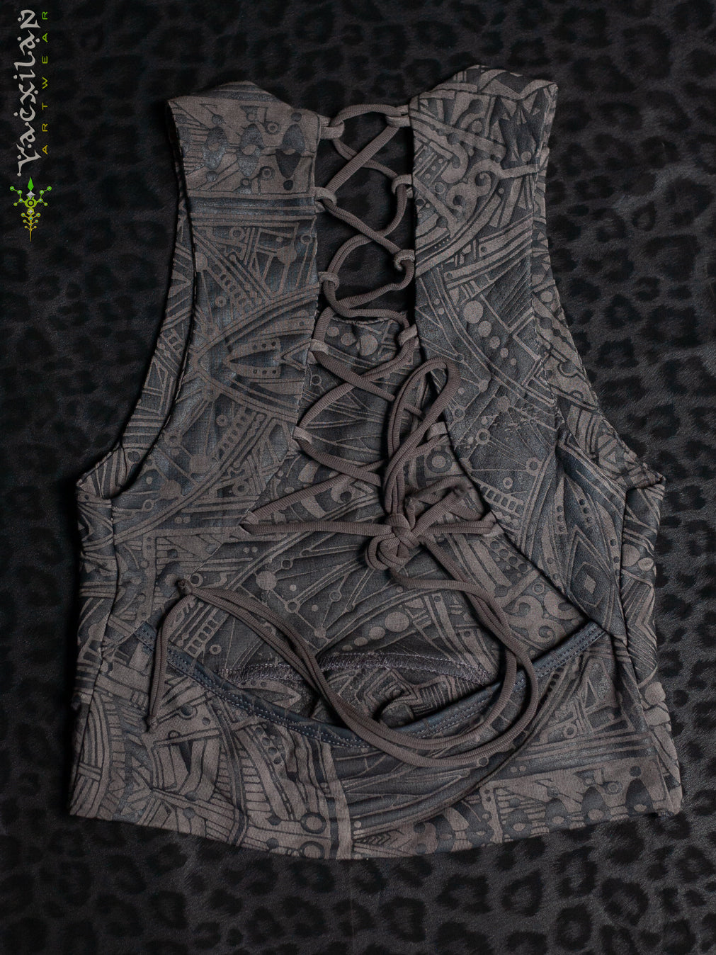 Crop Top ZigZag Drawstring / Bamboo Veg Dye Veg Print - CHARCOAL POPPYFIELDS