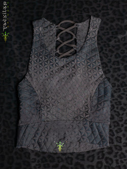 Crop Top ZigZag Drawstring / Bamboo Veg Dye Veg Print - CHARCOAL SANDSOTIME
