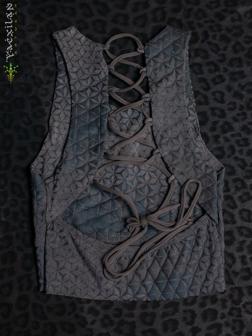 Crop Top ZigZag Drawstring / Bamboo Veg Dye Veg Print - CHARCOAL SANDSOTIME