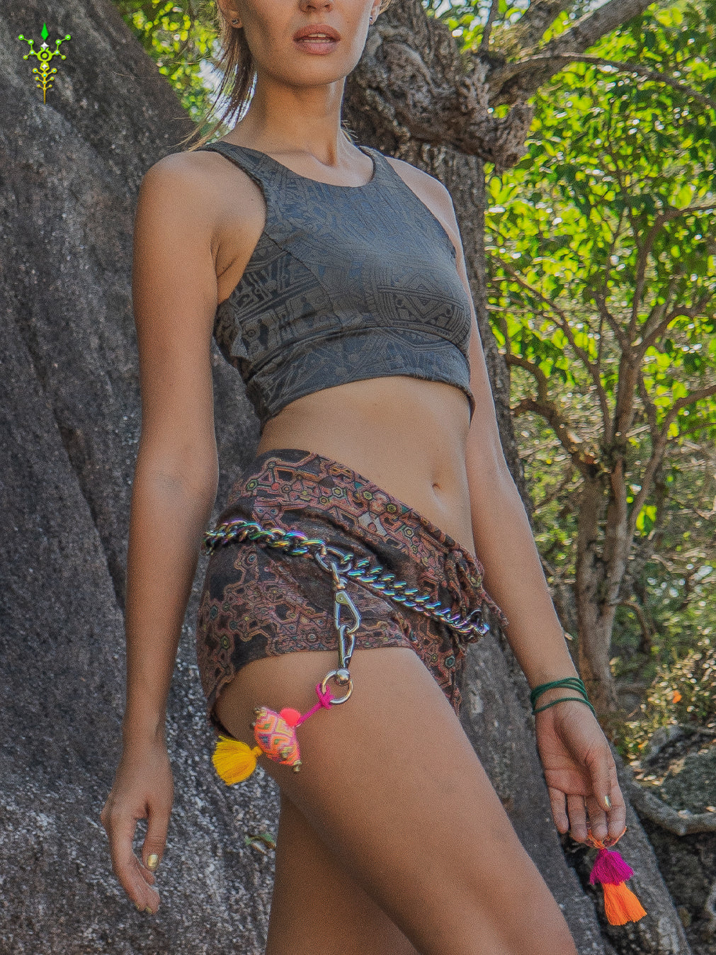 Crop Top ZigZag Drawstring / Bamboo Veg Dye Veg Print - CHARCOAL POPPYFIELDS