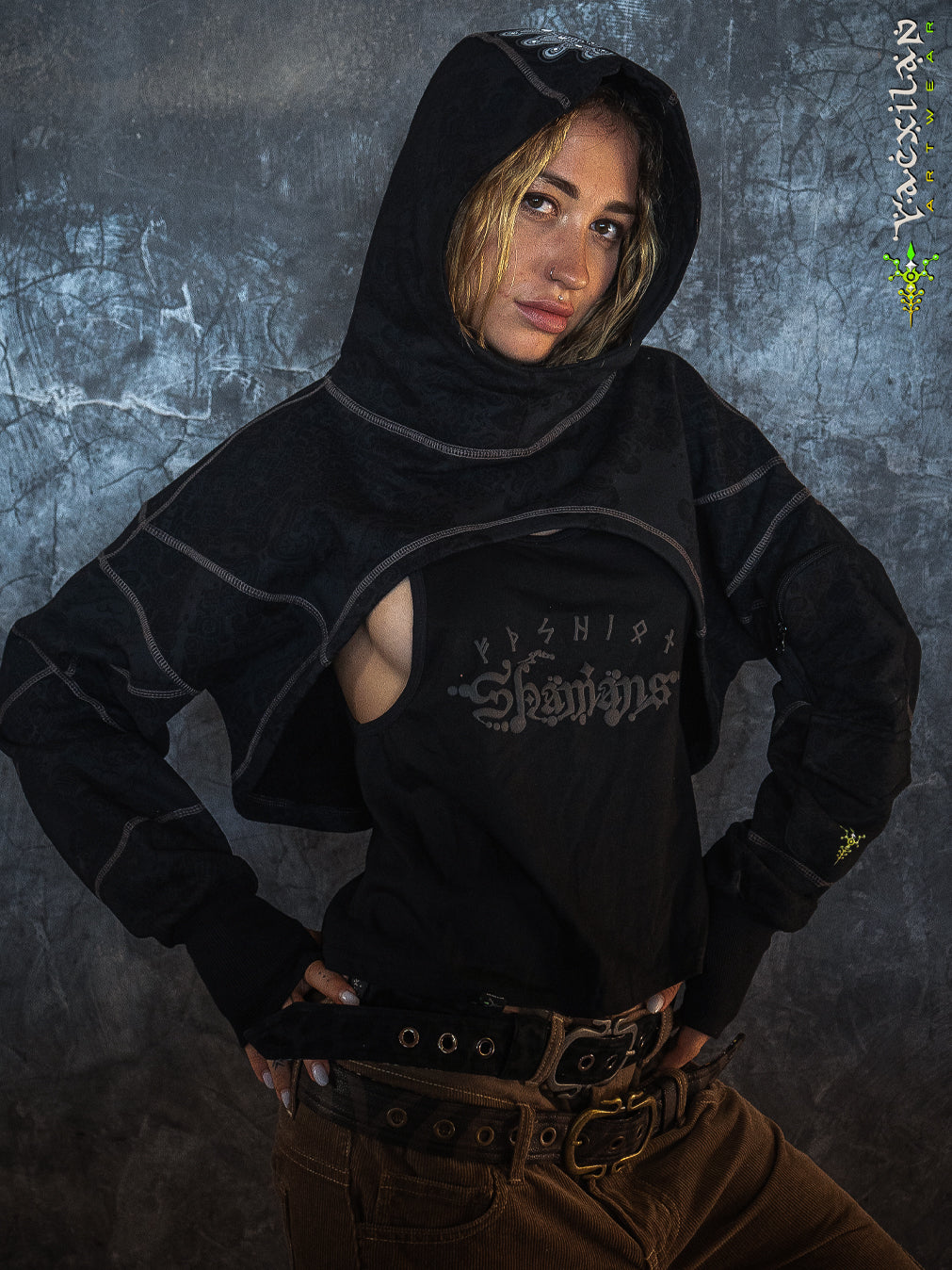Crop Hoodie Woman / Cotton Fleece - GALACTIK SPINE Mayan Codex