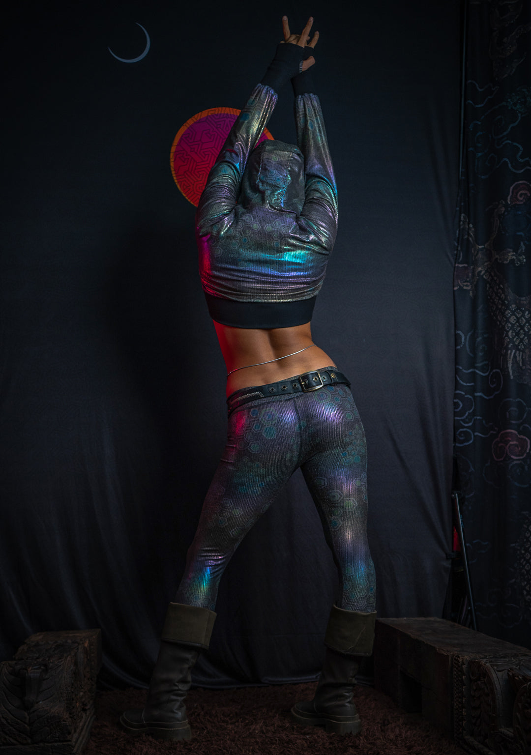 Hoodie Woman /  CROP HOOD - Holoographic Dots Rainbow Flatrib MYCELIUM