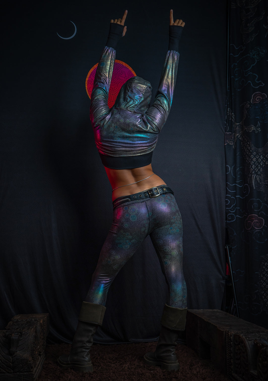 Crop Hoodie Woman / Holoographic Dots Rainbow Flatrib - MYCELIUM