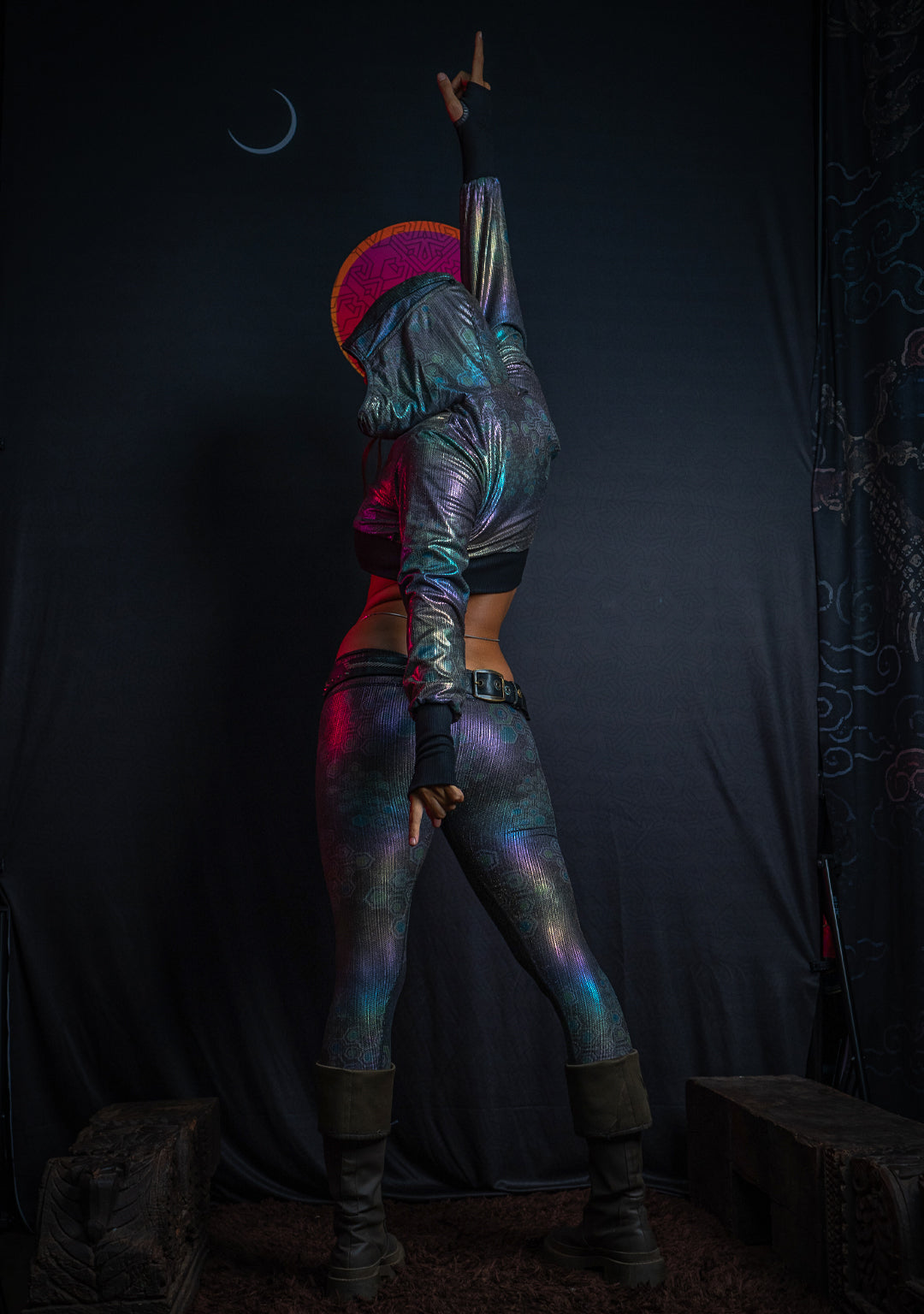 Crop Hoodie Woman / Holoographic Dots Rainbow Flatrib - MYCELIUM